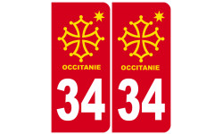 immatriculation 34 Occitanie - 2 stickers de 10,2x4,6cm - Sticker/autocollant