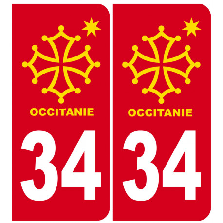 immatriculation 34 Occitanie - 2 stickers de 10,2x4,6cm - Sticker/autocollant