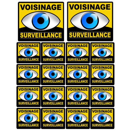 Sticker / autocollant : voisinage surveillance - 2 autocollants 10x10cm 16 autocollants 5x5cm