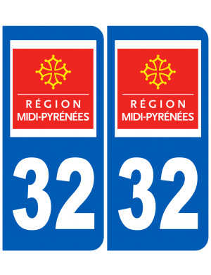 immatriculation 32 Midi-Pyrénées (2fois 10,2x4,6cm) - Sticker/autocollant