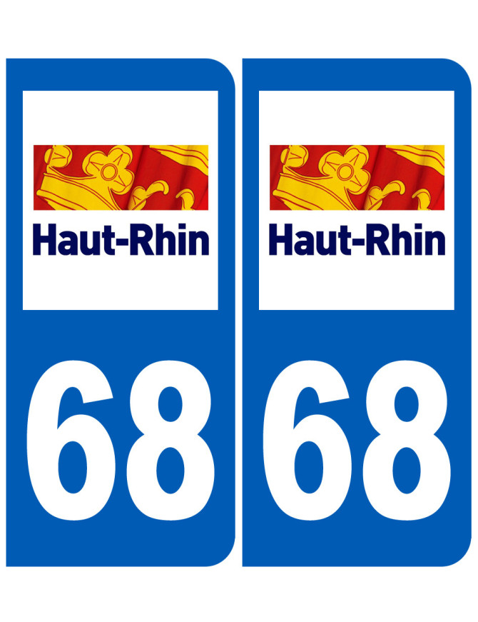 Autocollants Plaques Immatriculation Département 68 Haut-Rhin - Logo Alsace, Lot De 2, Dimensions Officielles